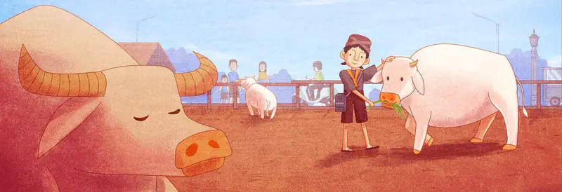 A boy feeds grass to a white calf in a cattle pen while a large brown buffalo rests nearby. People watch from a fence in the background.