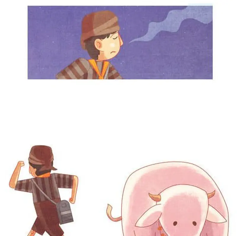 Two panels showing a worried boy in traditional clothing at night, then running with his white calf following behind him.