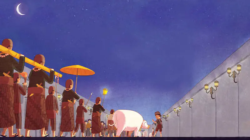 A nighttime procession under a crescent moon with people in traditional dress, some playing instruments, while a boy leads a white calf along a lantern-lit path.