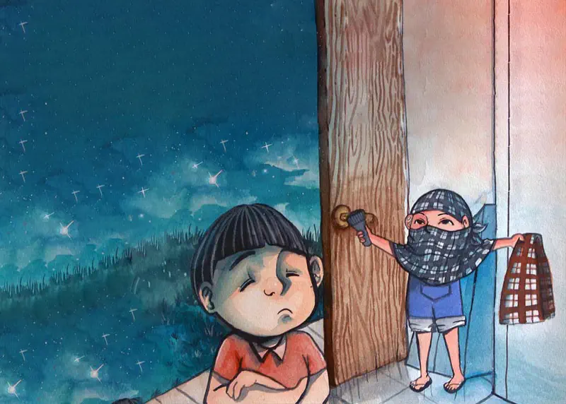 Split scene showing a boy in a red shirt resting outside under a starry night sky, and a girl in plaid knocking on a wooden door.