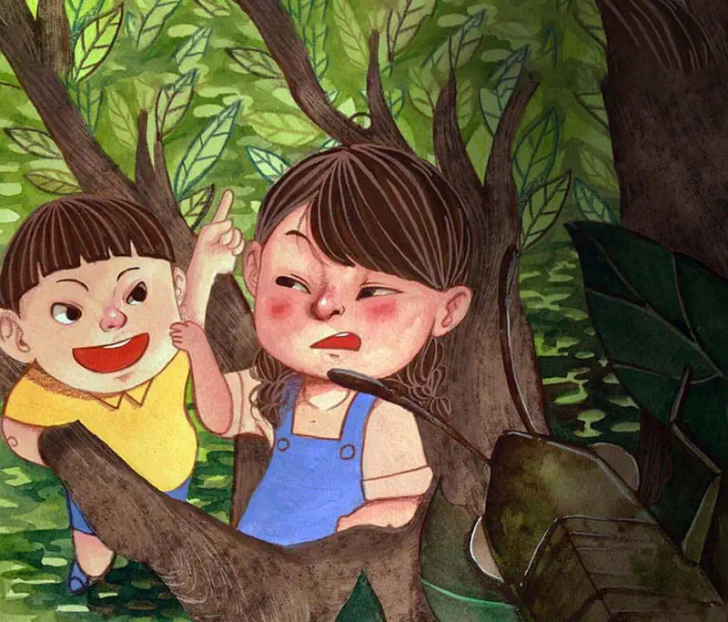 Two children in a lush green forest. A boy in yellow excitedly points up while a girl in blue overalls looks annoyed beside a tree.