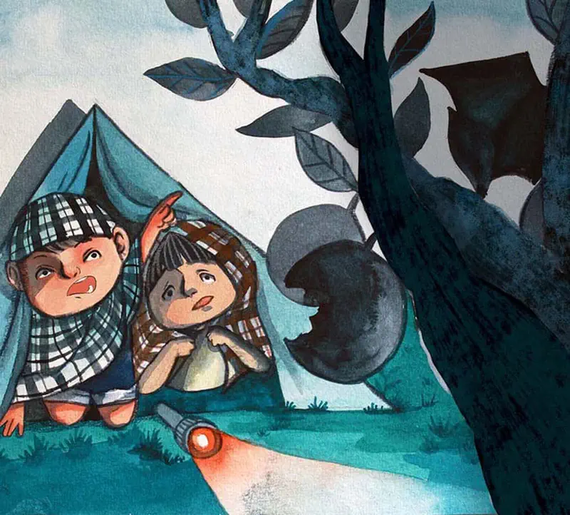Two children peek out from a tent at night, looking scared at a dark bat silhouette nearby. A flashlight glows on the ground.