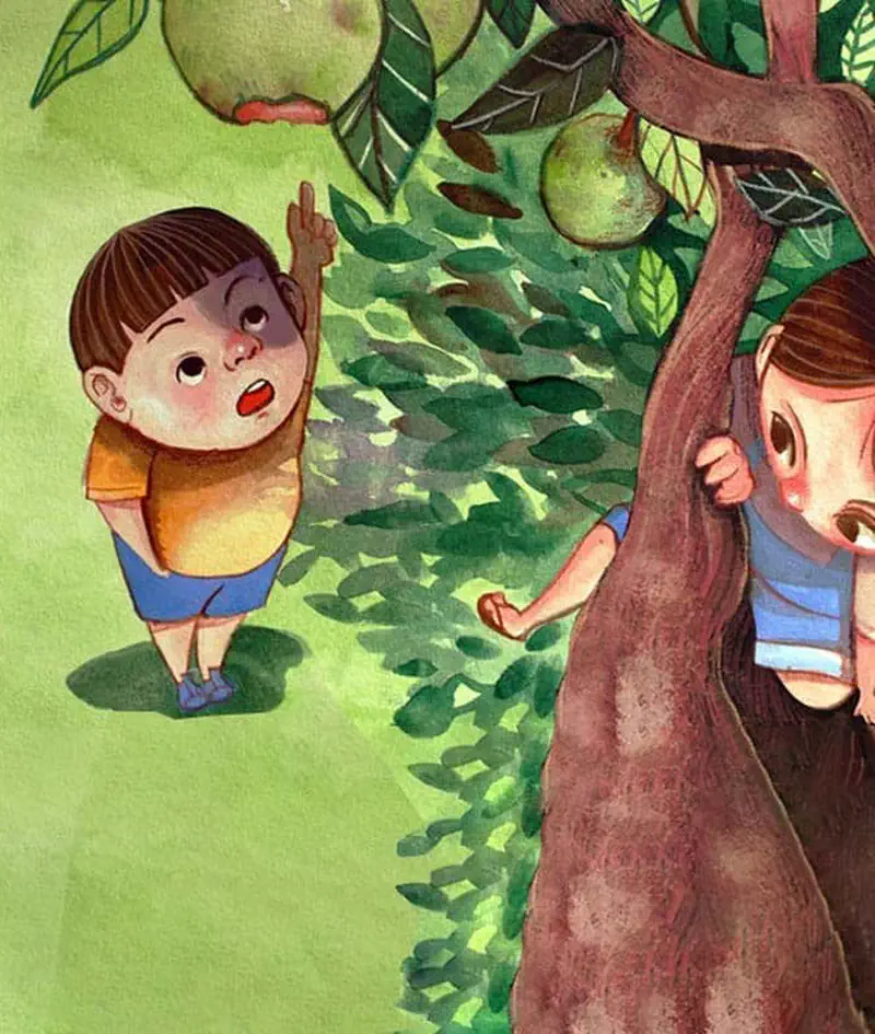 A boy in yellow points up at fruit in a tree where one has a bite taken out. A girl peeks from behind the tree trunk looking curious.