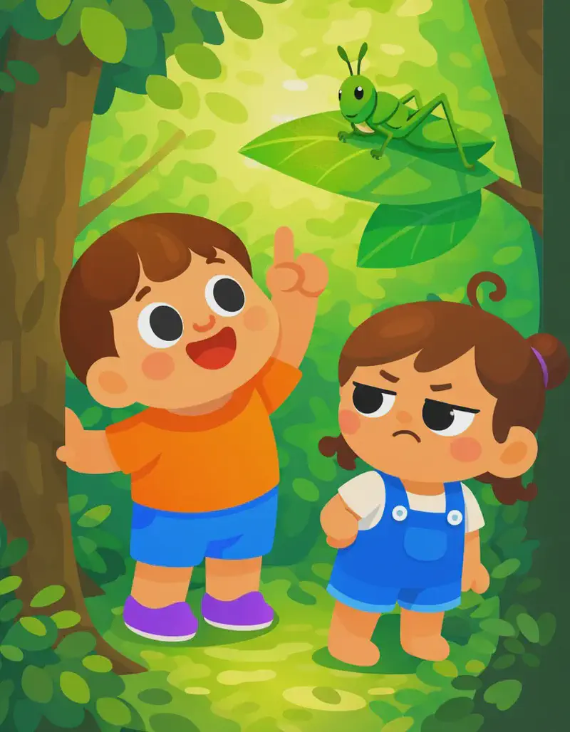 On the left side of the image, Kale stands behind a tree trunk, grinning excitedly and pointing upward with one finger toward a green grasshopper perched on a branch above. Kina stands in front of him, leaning slightly forward with a skeptical, unimpressed expression — her eyes narrowed and brow furrowed, clearly rolling her eyes at his suggestion. A green grasshopper sits on a sunlit leaf on a branch above them. They are both positioned among large trees and lush green foliage in an outdoor wooded setting with dappled light filtering through the canopy. The right side of the image is dark, plain background suitable for text overlay.