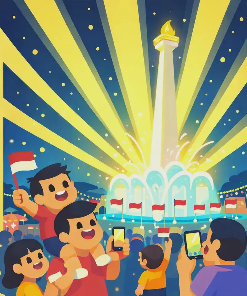 On the right side of the image, a large illuminated monument and fountain dominate the scene, with dramatic beams of bright light radiating outward into the dark night sky, turning it brilliant yellow. Small flags line the base of the fountain. On the lower-left and center, a crowd of festival-goers stands gazing up at the spectacle — a boy rides on an adult's shoulders, smiling wide with excitement and waving a small flag, while nearby figures hold up phones to take photos and others wave flags of their own. A small child stands near the center looking toward the monument. The atmosphere is festive and joyful, with string lights and vendor stalls visible in the background. Multiple crowd members are visible — adults and children enjoying the festival.
