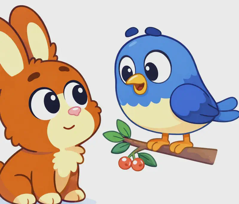 On the left side of the image, Brown Rabbit and Bird face each other in a close conversational moment. Brown Rabbit is shown from the chest up on the far left, looking up attentively at Bird with a gentle, listening expression. Bird is perched on a small branch with red berries and green leaves, leaning slightly toward Brown Rabbit with a calm, earnest expression, as if making a request. The right side of the image is plain white background, leaving space for text.