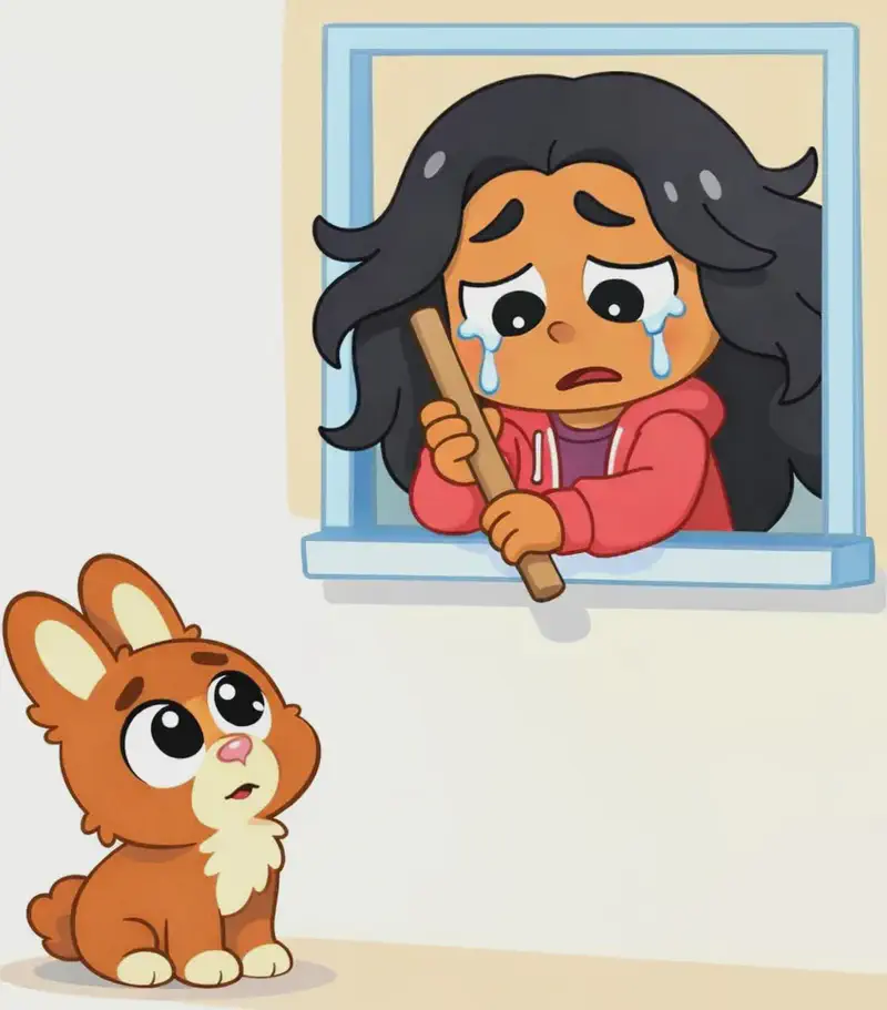 On the right side of the image, Girl is visible in a window above, crying with tears streaming down her face, her expression deeply sad and sorrowful. She is holding a wooden flute near her face with one hand. Below the window, Brown Rabbit stands on the ground looking up at her with a concerned, empathetic expression, as if calling up to her. The left side of the image is plain white background, leaving space for text.