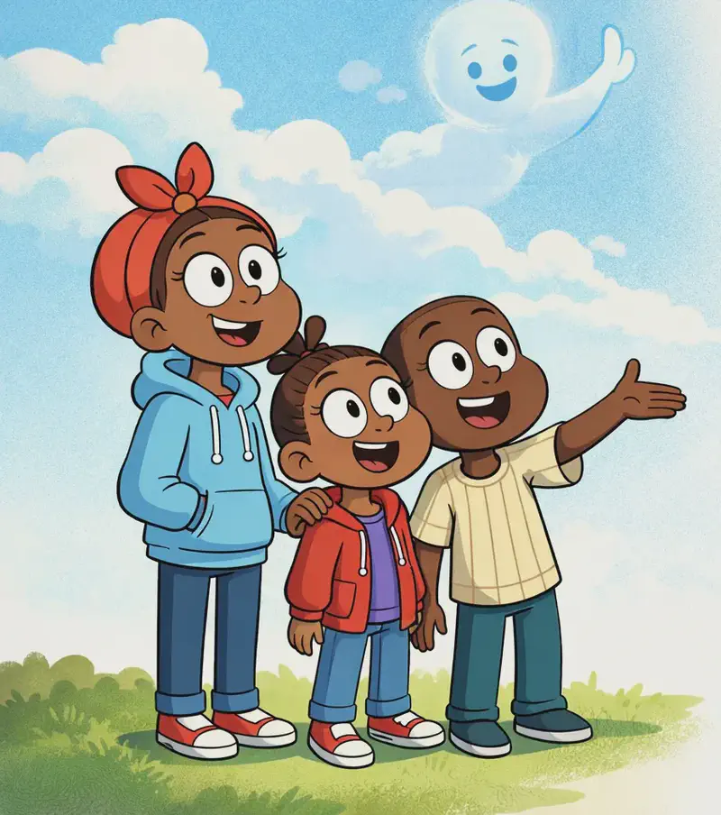 On the left side of the image, Sister, Girl, and Boy stand together outdoors, gazing up at the sky with expressions of wonder. Boy stands slightly in front, extending one hand outward as if pointing or waving at the cloud figure above. Girl stands between the other two, looking upward with curiosity, while Sister stands behind them, gently resting a hand on Girl's shoulder. Above them in a bright blue daytime sky, a friendly human-shaped cloud figure with a smiling face appears to wave down at the group. The right side of the image is plain white background.