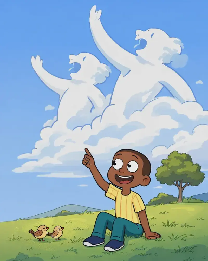 On the right side of the image, Boy sits in a grassy field, one arm raised and pointing up at the sky, gazing with wonder at large cloud formations shaped like men with their arms raised as if singing. The scene is set outdoors on a bright, sunny day in an open meadow with scattered trees and gentle hills in the background. The cloud figures dominate the right-center sky, their arms lifted dramatically. Two or three small birds are on the ground near Boy.