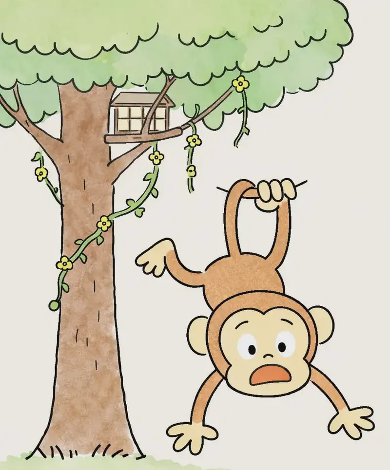 On the left side of the image, a large tree with a thick brown trunk dominates the scene, its green canopy spreading across the top. A small treehouse is nestled among the upper branches, partially hidden by lush green leaves and hanging vines with yellow flowers. A brown cartoon monkey hangs upside down by one arm from a branch extending right of the trunk, its other arms and tail splayed outward, with a wide-eyed, open-mouthed surprised expression on its tan face. The right side of the image is empty, plain cream background, leaving open space. A strip of soft green grass runs along the bottom at the base of the tree.