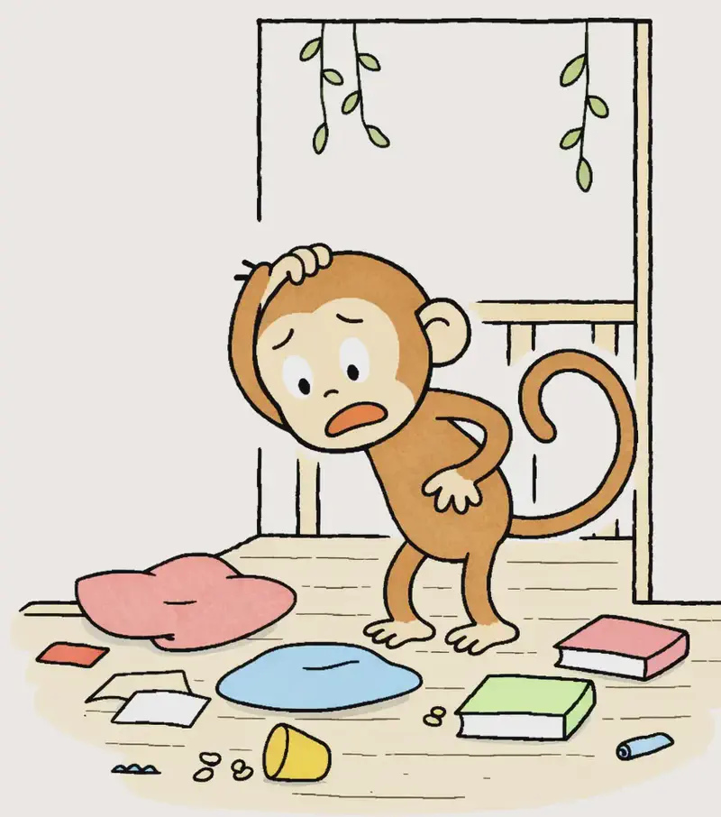 On the right side of the image, Monkey stands on the wooden floor of his treehouse interior, leaning forward with a distraught, worried expression — furrowed brow, wide eyes, downturned mouth — as he searches desperately for his missing bananas. One hand rests on his hip while his tail curls behind him. The treehouse is in disarray: books, cushions, and small objects are scattered across the wooden floor, having been tossed around in his frantic search. Green vines hang outside a window or doorway. The left side of the image is plain white background, left clear for text.