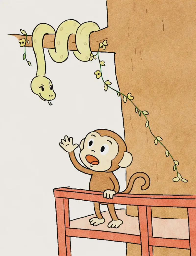 On the right side of the image, Monkey stands on a red wooden balcony or platform attached to a large tree, looking up with a polite, curious expression and one hand raised in a wave or greeting. Snake is coiled around a thick tree branch above, looking down toward Monkey with a calm, haughty grin. The scene is set outdoors on a bright, clear day with a soft blue sky and small yellow flowers on trailing vines hanging from the tree.
