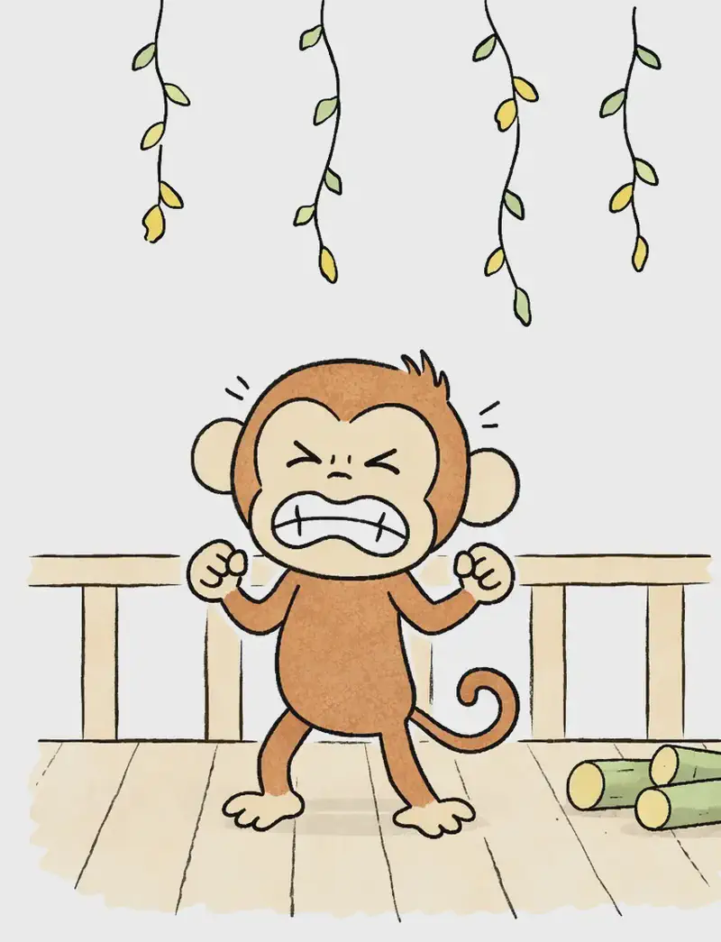 On the right side of the image, Monkey stands on a wooden deck with a railing, gritting his teeth with eyes squeezed shut in frustration, fists clenched at his sides in a tense, irritated pose. Green vines with small yellow flowers hang down from above, and a small pile of cut bamboo stalks sits in the bottom-right corner. The left side of the image is plain white background, suitable for text overlay.