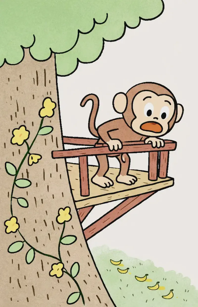 On the left side of the image, Monkey stands on a wooden treehouse platform built into a large tree, leaning forward against the railing and peering down with wide eyes and a surprised, excited expression, as if spotting something yellow on the grass far below. A faint trail of yellow bananas is visible on the ground at the base of the tree. The tree has lush green foliage above and yellow flowers with vines growing along its trunk. The right side of the image is plain white background, suitable for text overlay.