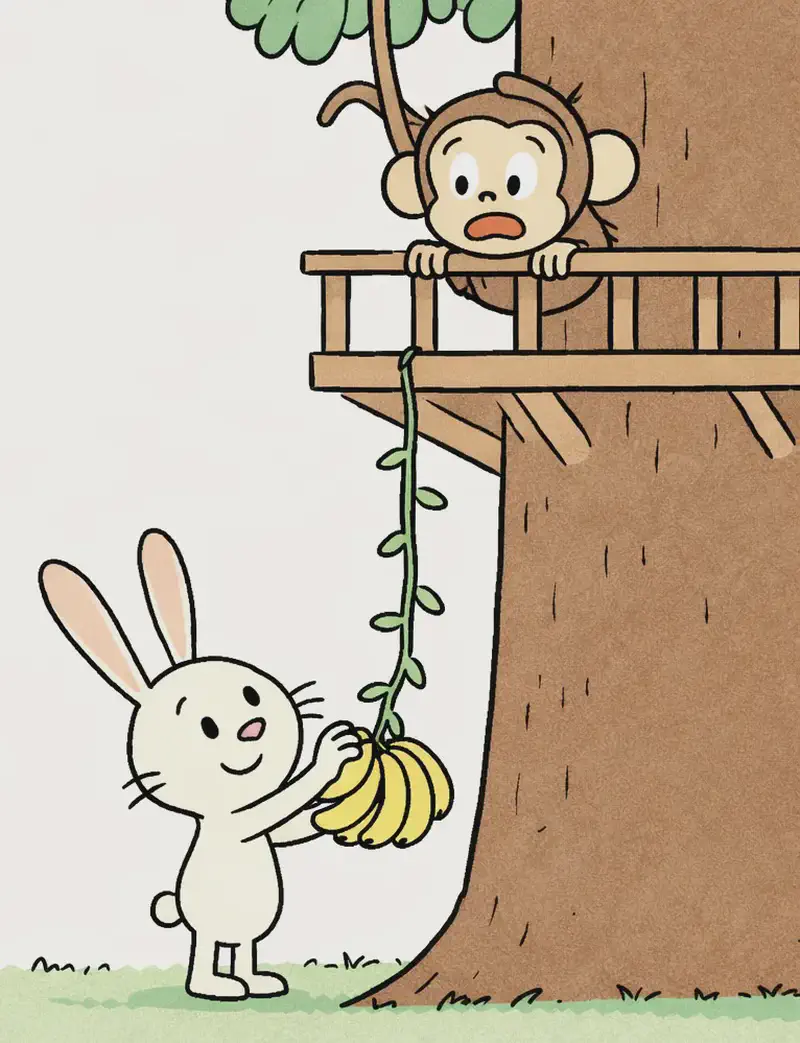 On the right side of the image, Rabbit stands at the base of a large tree, smiling warmly and reaching up to tie a big bunch of bananas to a vine that hangs down from above. Monkey peers down from a wooden treehouse built high up in the tree, grinning with a surprised, grateful expression as he watches Rabbit below. The scene is set outdoors in a grassy suburban yard on a bright, clear day, with soft green foliage and a hazy blue sky in the background. The left side of the image is open sky with large, soft white clouds, leaving clear space for text.