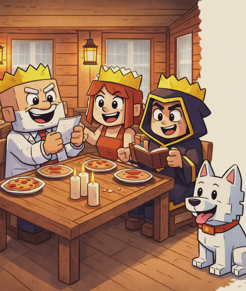 On the left side of the image, several Minecraft-style blocky characters are seated around a long wooden dining table inside a cozy log cabin. At the head of the table, Dr. Can Do faces the viewer, holding an unfolded Christmas cracker joke slip and reading it aloud with a laughing expression. He is a blocky character with a cube-shaped head, light beige skin, white bushy eyebrows, a thick white mustache, and small dark eyes. He wears a white lab coat over a white dress shirt with a red necktie, dark navy-blue pants, and a gold paper crown from a Christmas cracker on his head. Beside him, Jill faces the viewer with a laughing open-mouthed expression, having just blurted out the punchline. She has a square head, shoulder-length auburn/copper-orange hair with a side-swept fringe, large round dark eyes, and light/fair skin. She wears a bright orange sleeveless top with a brown belt and dark brown pants, with a gold paper crown on her head. Across the table, The Mage sits in his dark charcoal-black hooded robe with gold/yellow trim and a gold diamond-shaped emblem on the chest, also wearing a gold paper crown, laughing along. Minx, a small blocky white dog with a red collar, sits on the floor near the table. All characters sit before plates of food, with white candles lit on the table. The warm indoor scene is lit by glowing lanterns mounted on the wooden walls, with windows visible in the background. The right ~40% of the image is a plain beige/cream area reserved for text overlay.