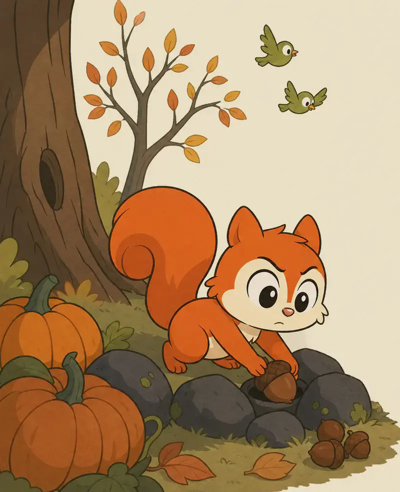 On the left side of the image,  Pip crouches with a determined expression beside a large tree, tucking nuts into a hole among dark rocks and large orange pumpkins. A slender tree with sparse autumn leaves stands in the background, and two small green birds flutter above. The right side of the image opens into a plain, soft cream-colored sky with no detail.  There is only one Pip.