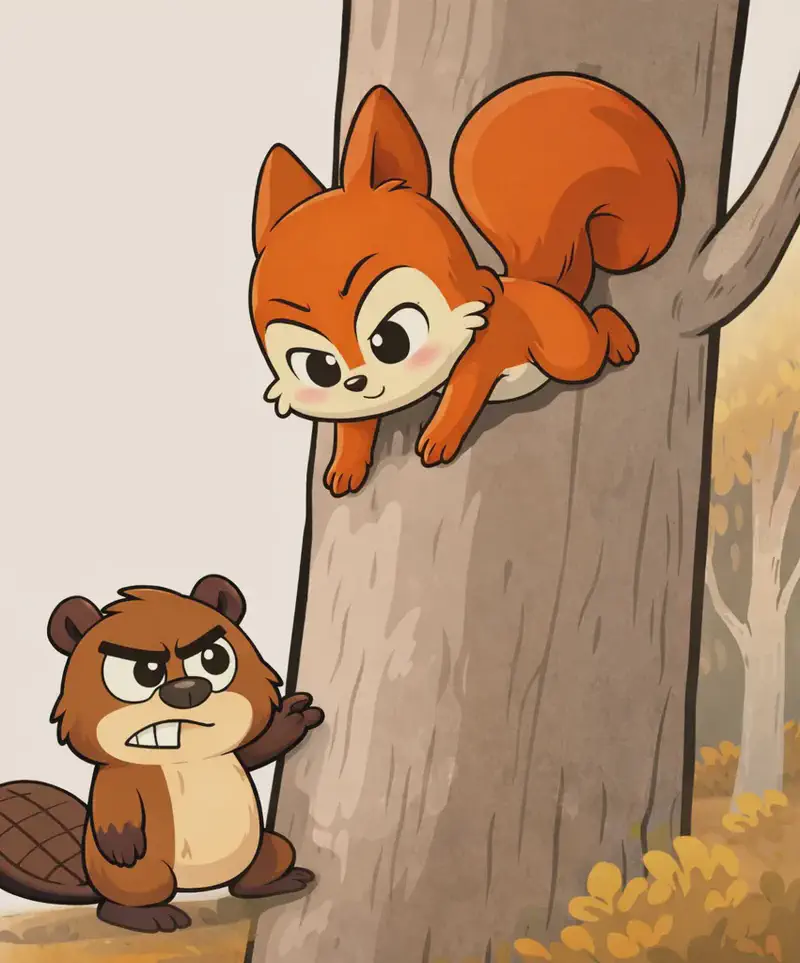 On the right side of the image, Pip, a bright orange-red squirrel with a large curled fluffy tail, clings headfirst to a large pale-gray tree trunk near the top of the frame, facing downward with a determined, slightly smiling expression as she begins climbing down, her paws gripping the bark. At the base of the tree stands a brown beaver with a cream belly, prominent front teeth, and a flat cross-hatched tail, glaring upward with a grumpy, frowning expression while pressing one paw against the trunk. The scene is set outdoors in a muted, autumnal woodland with golden-yellow foliage clustered along the lower right and behind the trunk, rendered in soft, textured tones. The left side of the image is open pale cream background, with the composition dominated by the broad tree trunk and subdued earthy tones.