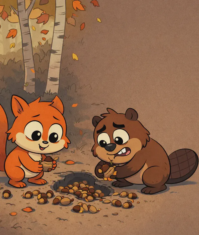 On the left side of the image, Pip and the beaver are on the ground near the base of a large tree in an autumn forest, bending down to pick up scattered nuts and acorns that are strewn across the ground. A small hole is visible in the ground where the beaver's digging broke through to Pip's store. Pip has a relieved, understanding expression while the beaver appears sorry and apologetic as they gather the fallen food together. The scene is set outdoors in a wooded area with tall birch-like trees and falling autumn leaves, with soft, muted earthy tones throughout. The right ~40% of the image is plain muted brown background with no characters or detail.