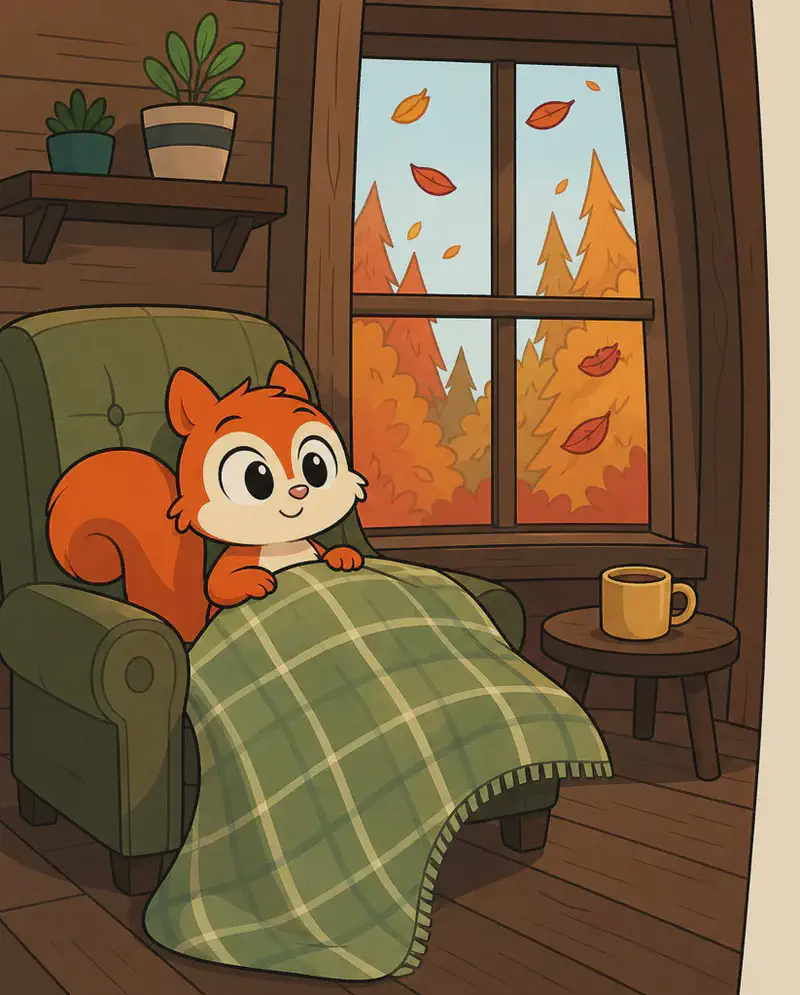 On the left side of the image, Pip is sitting contentedly in a cozy armchair, tucked under a green plaid blanket with a peaceful, satisfied smile on her face. She gazes out through a large window in the center of the scene, where autumn leaves in warm oranges and reds drift past. The indoor setting is a warm, comfortable living room with a small round coffee table holding a cup, potted plants on a shelf above, and soft natural light streaming through the window — evoking a sense of cozy readiness for winter.  The house Pip is in is clearly a wooden house perched up high in a tree, and the view from the window reflects that.