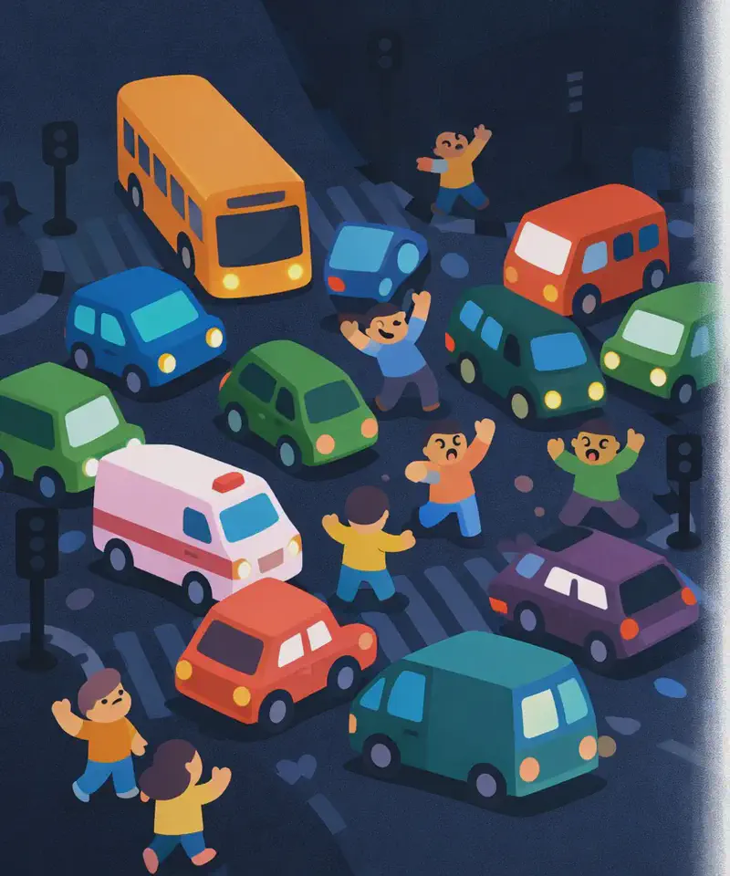 On the left side of the image, a chaotic urban intersection is shown from a bird's-eye view in near-total darkness, with cars, buses, and trucks tangled together in the middle of the intersection, blocking crosswalks. The traffic lights are dark and unlit. Several small figures of pedestrians are scattered among the vehicles — some stumbling between cars, some standing with arms raised waving and yelling in frustration, and others appearing to argue or gesture angrily at one another. Vehicles are pointed in various directions and nearly colliding, with gridlock stretching in every direction. The right ~40% of the image is plain white/light background, clear of any detail.