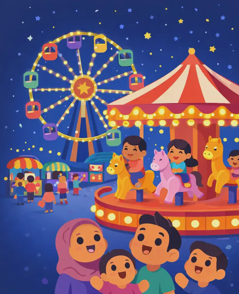 A lively nighttime carnival scene set against a dark blue starry sky. On the right side of the image, children giggle and ride a colorful carousel (merry-go-round), sitting on painted horse figures under a canopy of golden bulbs. A large Ferris wheel with glowing yellow lights and colorful gondolas twinkles in the center-right background against the starry sky. In the mid-ground, food and game stalls with bright awnings are visible, with families strolling among them. In the lower right foreground, a few children and adults look up at the attractions with excited, joyful expressions.