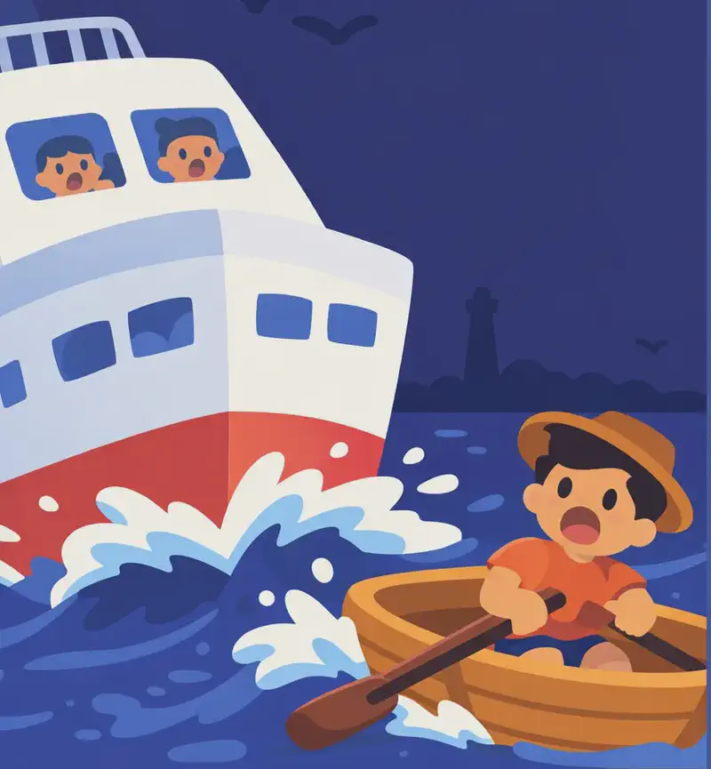 On the left side of the image, a huge ship plows through dark, churning waves at nighttime, bearing down on a small wooden rowboat. A boy in the rowboat grips his oars with a terrified, screaming expression as the vessel looms above him. Two small figures are visible peering through the ship's windows with worried faces. In the distant background on the dark shore, the unlit lighthouse stands as nothing but a silent dark tower — no signal, no warning. Birds fly across the dark sky.