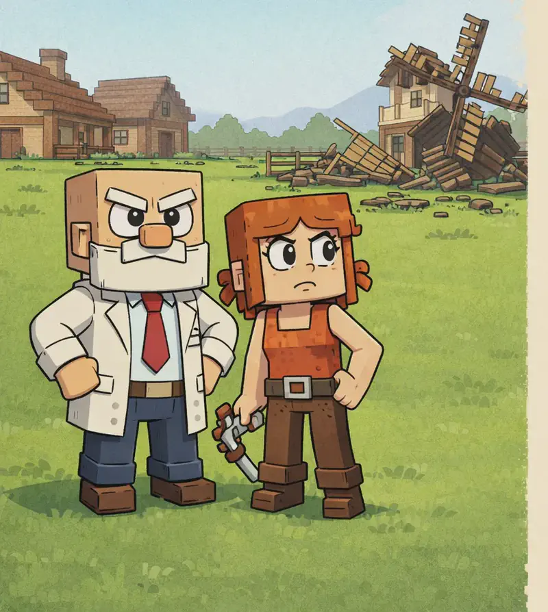 On the left side of the image, Dr. Can Do and Jill stand together in Minecraft-style blocky rendering on the green field near the wreckage. Dr. Can Do is positioned to the far left in a full-body view, standing upright with his hands planted firmly on his hips and a frustrated, determined expression. Jill stands slightly in front and to his right, frowning with concern. Behind them, intact buildings — a house, a barn, and fences — stand undamaged against a pale blue sky, contrasting with the broken windmill wreckage nearby. The right ~40% of the image is plain beige background, clear for text overlay.