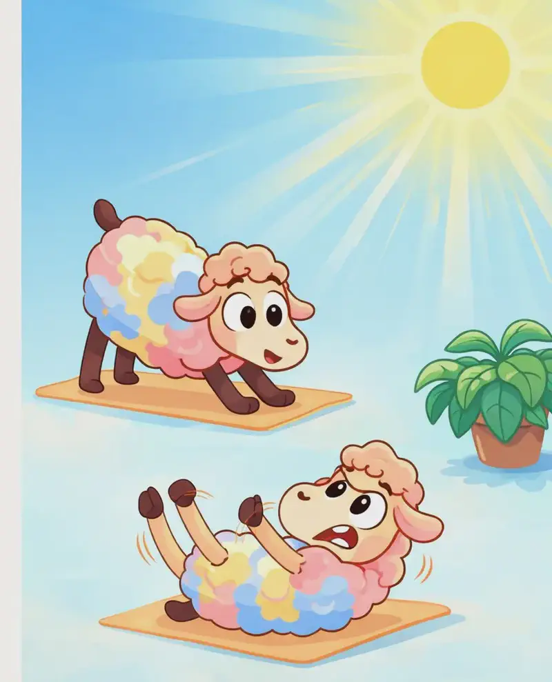 On the right side of the image, Rose is shown in two poses against a bright, hot blue sky with intense sun rays beating down. In the upper pose, Rose is bending forward in a stretching position on a mat. In the lower pose, Rose is lying back on a mat, reaching upward with her legs extended, looking strained but determined. A leafy plant sits nearby on the far right, and the left side of the image is plain white background.