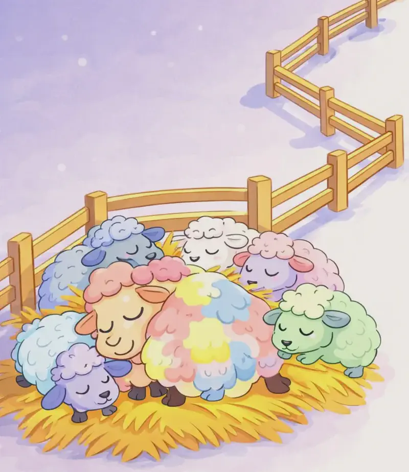 On the left side of the image, Rose is lying asleep on a bed of golden hay/straw, curled up peacefully among a group of sheep. Her eyes are closed with a content expression. A wooden fence winds upward and to the right in a dreamlike zigzag pattern. The scene has a soft, dreamy quality with a lavender-tinted background behind the sleeping figures, while the right side is plain white.