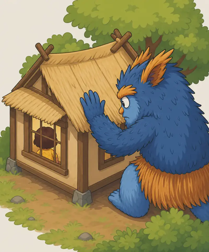 On the right side of the image, the Troll — a large creature covered in shaggy dark blue fur with a round body, large bushy orange eyebrows, a tall orange-gold tuft of feathery hair on top of its head, large white eyes with black pupils, a small round orange nose, and orange-tan feet with visible toes — crouches beside a small wooden house, peering through a window with one hand raised against the wall. Through the tiny window, Nib is visible inside, shown from a three-quarter angle sitting and working on her yarn with a ball of red wool beside her, unaware of the creature outside. She has a round face, large expressive dark eyes, chin-length dark brown hair, and wears a mustard-yellow sweater with subtle patterns and brick-red pants. The scene is set outdoors on a grassy area in daylight, with the Troll looking sneaky and intent as it spies on the house.