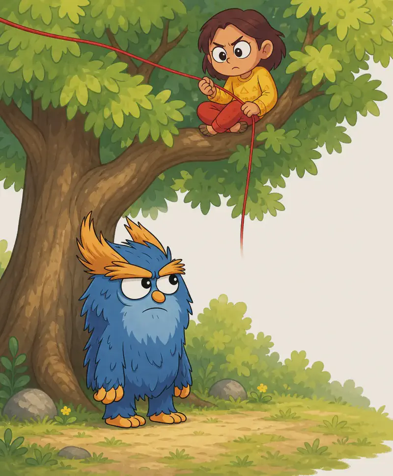 On the left side of the image, a large leafy tree rises from a grassy patch of ground, with the right side of the scene left as open cream-white space. Nib sits alone, cross-legged, on a thick branch of the tree. She has a round face, large expressive dark eyes, chin-length dark brown hair, warm medium-tan skin, and wears a mustard-yellow sweater with subtle patterns and brick-red pants. She frowns with a determined, cross expression as she grips a thin red thread of wool in both hands — no ball of wool is visible. The thread stretches up and off the top-left corner of the image, and a loose end dangles straight down from the branch below her. On the ground beneath the tree stands the Troll, a stocky creature covered in shaggy dark blue fur with a round body, large bushy orange eyebrows, a tall orange-gold tuft of feathery hair on top of its head, large white eyes with black pupils, and a small round orange nose — glancing grumpily up and to the side. The scene is set outdoors during the daytime, with green bushes, small gray rocks, tiny yellow flowers, and tufts of grass around the base of the tree.