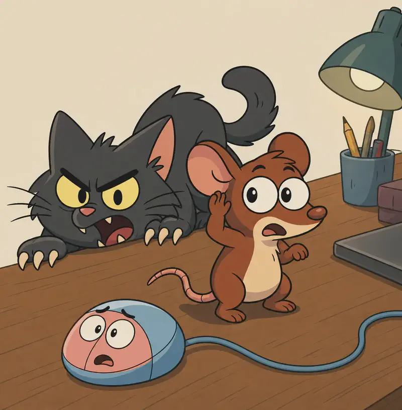 On the right side of the image, Tik stands frozen on the wooden desk, eyes wide with terror, ears perked up, one paw raised as if straining to listen. The Cat's enormous dark gray form peeks up over the edge of the desk, low-crouching with pale yellow eyes glinting and white claws extended, creeping toward Tik with a menacing prowl. Klik — the small computer mouse with its pink face and light blue shell — is visible nearby on the desk, connected by its cord. The indoor setting shows the desk area with soft, tense watercolor tones.