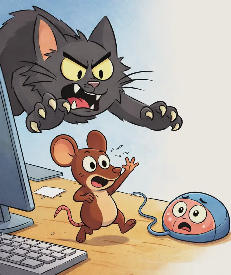 On the left side of the image, Cat looms large from above with an aggressive snarling expression, pale yellow eyes wide, paws outstretched with white claws extended, lunging toward Tik. Tik is below on the desk surface near a computer keyboard, leaping and bouncing away with a terrified expression, one arm raised as if calling for help toward Klik — the small computer mouse with its pink face and light blue shell, sitting near the keyboard, connected by its cord. The scene is set indoors on a desk with a computer monitor and keyboard visible, with a light blue background fading to plain white on the right.