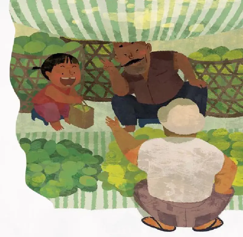 A child in red sits happily at a market stall under a striped awning while adults sell fresh green produce and chat.