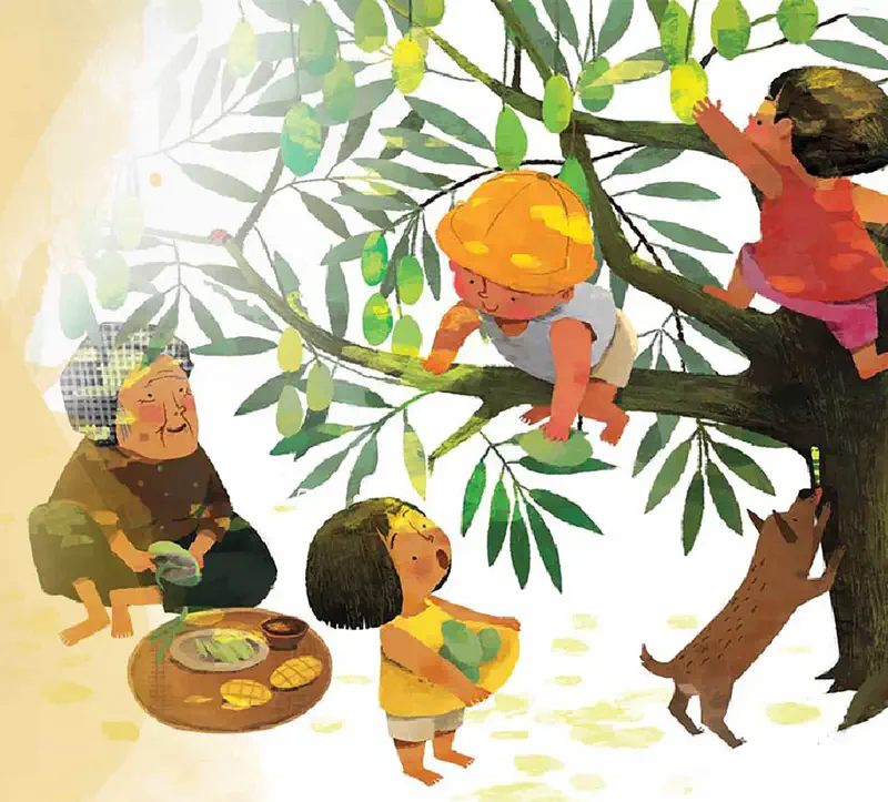 Children harvest mangoes around grandmother. Two children climb the tree, a girl carries fruit, a dog jumps excitedly, and grandmother prepares food on a tray.