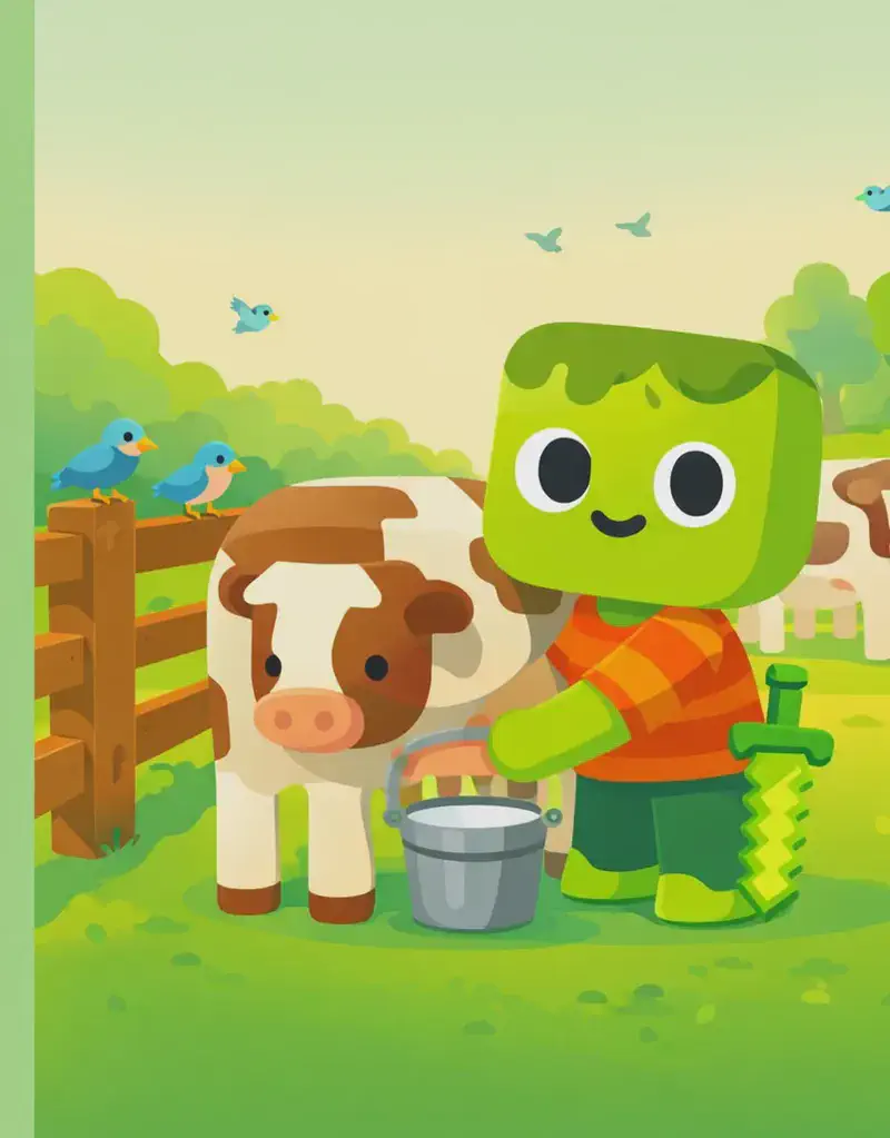 Zom stands on the right side of the image beside a wooden fence, actively milking a cow with a bucket beneath it, facing the viewer at a three-quarter angle with a calm, purposeful expression. He has light green skin, darker green messy hair, and wears an orange-and-red horizontally striped t-shirt with dark green pants and bright green shoes, his pixelated light-green sword tucked at his side. The scene is set outdoors in the early morning with soft, warm golden light and green trees in the background. Small birds perch on the fence and fly in the sky above. Several other cows — white with brown spots — graze in the fenced pasture behind him. The left ~40% of the image is plain green background.