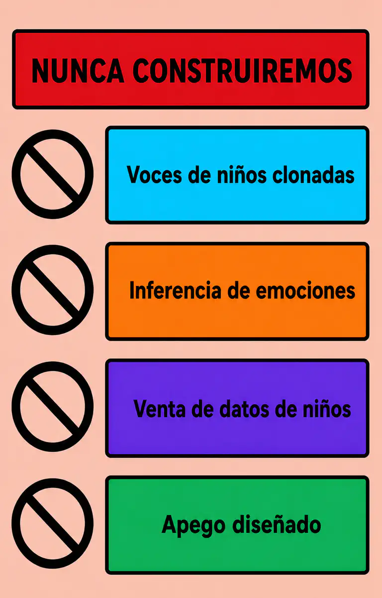 Cuatro líneas rojas que Bookbot no cruza: sin voces de niños clonadas, sin inferencia de emociones, sin venta de datos de niños, sin apego diseñado