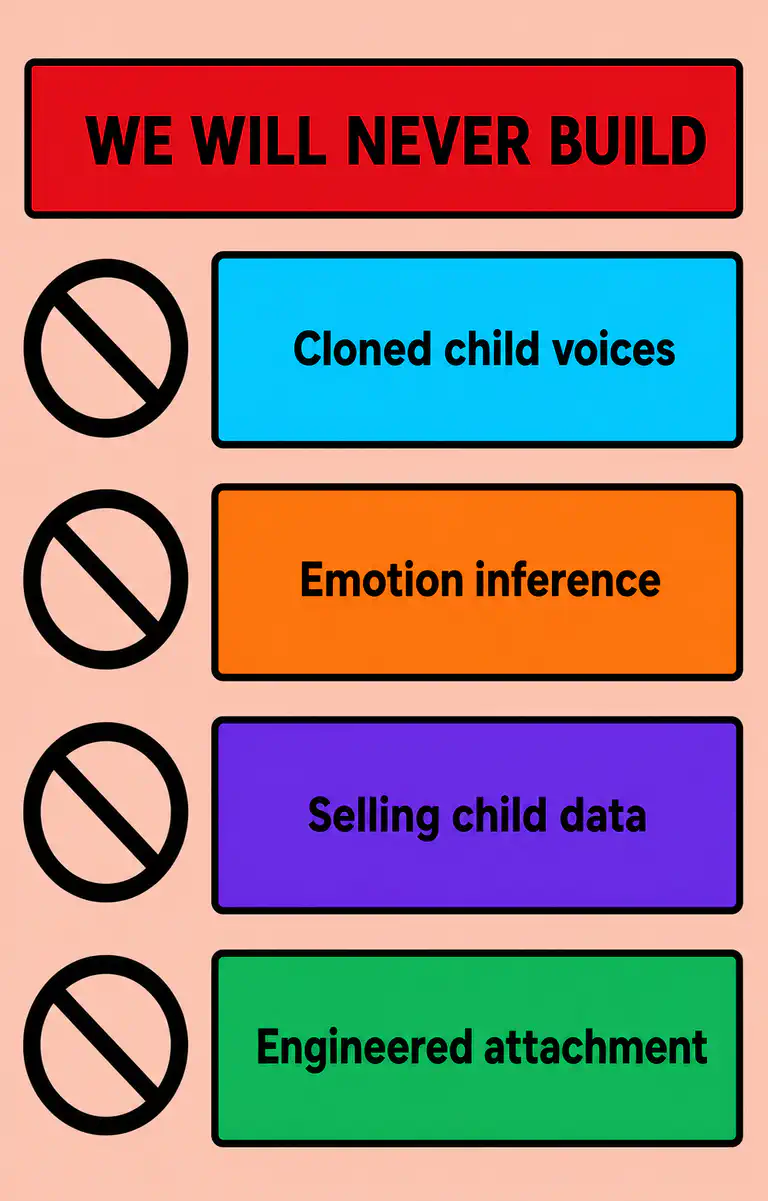 Four red lines Bookbot will not cross: no cloned child voices, no emotion inference, no selling child data, no engineered attachment