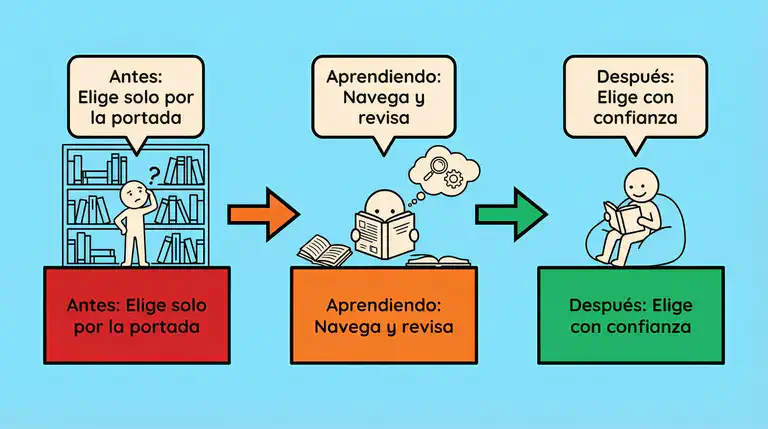 Infografía plana mostrando el viaje de un niño de lector reacio a lector comprometido en tres pasos