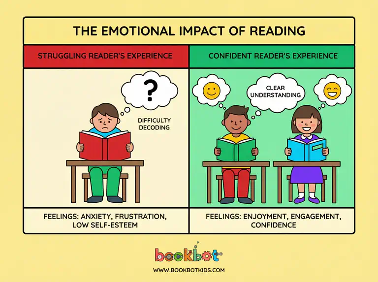 Child sitting with a book looking worried while other children read confidently in a classroom