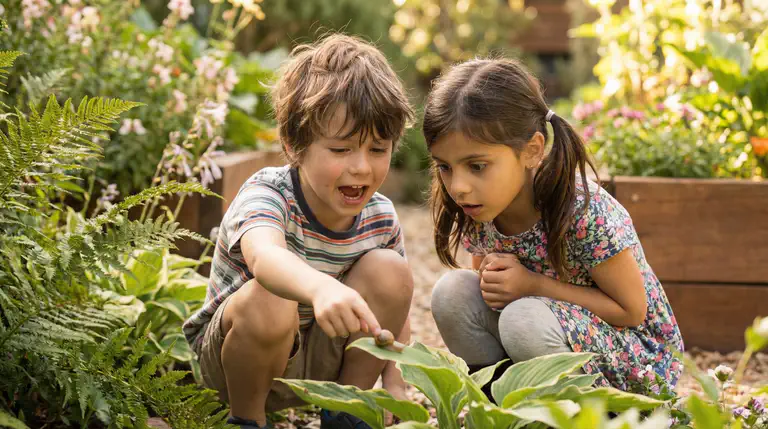 Two children crouching together in a garden, one pointing at something and explaining it to the other with curiosity and engagement