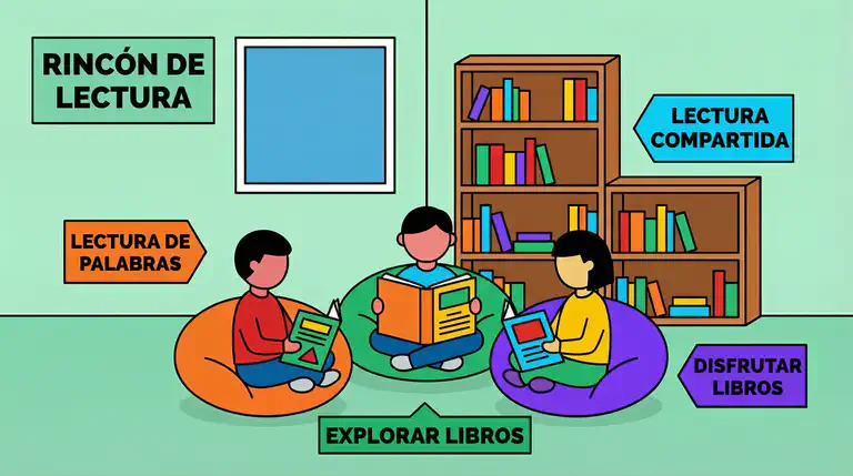Niños compartiendo libros en una acogedora esquina de lectura en el aula