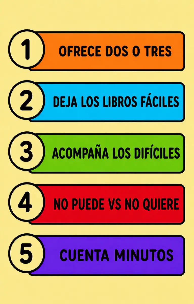 Infografía con cinco pasos prácticos para elegir libros junto a tu hijo