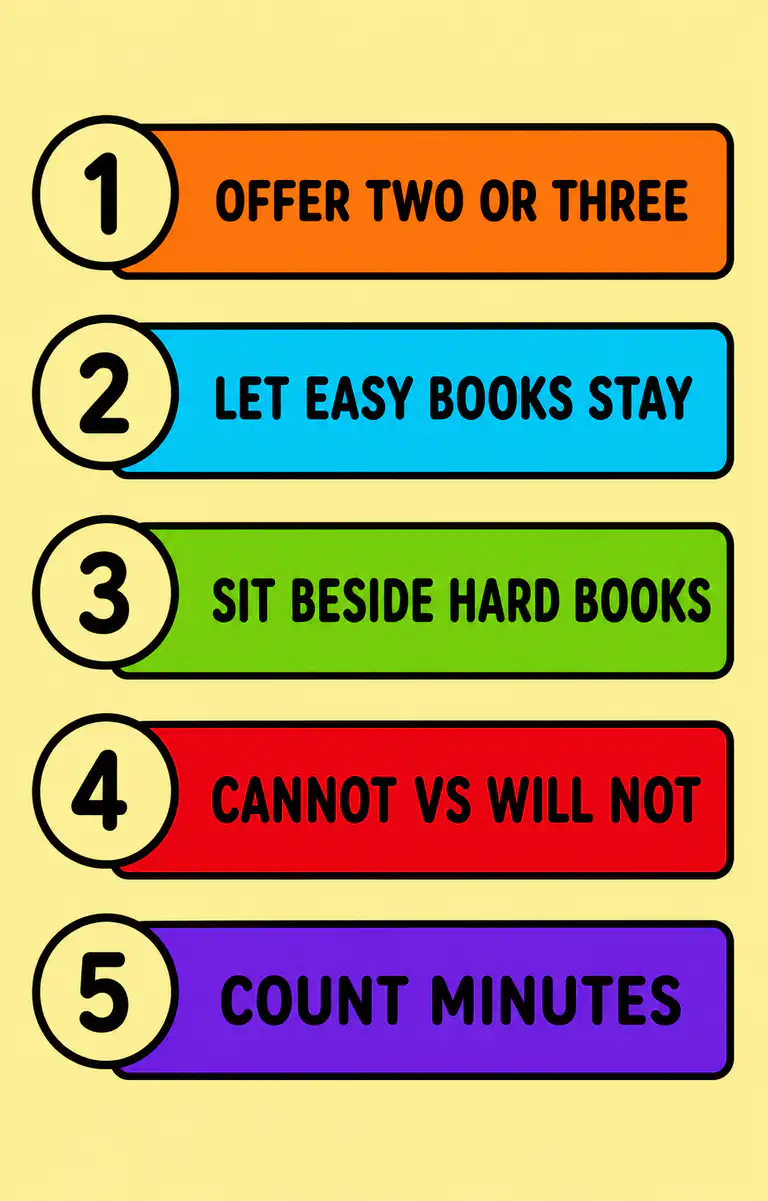 Infographic listing five practical steps for choosing books with a child
