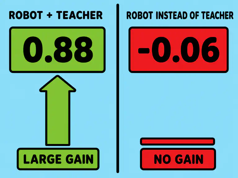 An infographic contrasting two effect sizes: a robot working alongside a teacher at 0.88, and a robot replacing the teacher at negative 0.06