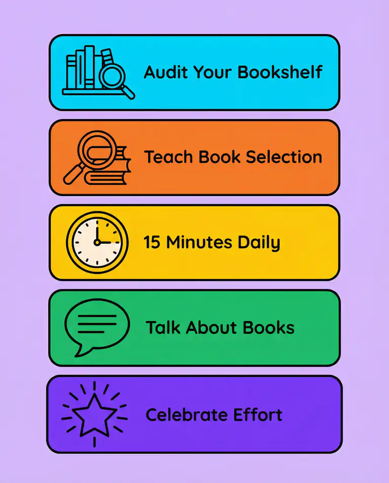 Flat infographic showing five practical reading engagement activities for parents