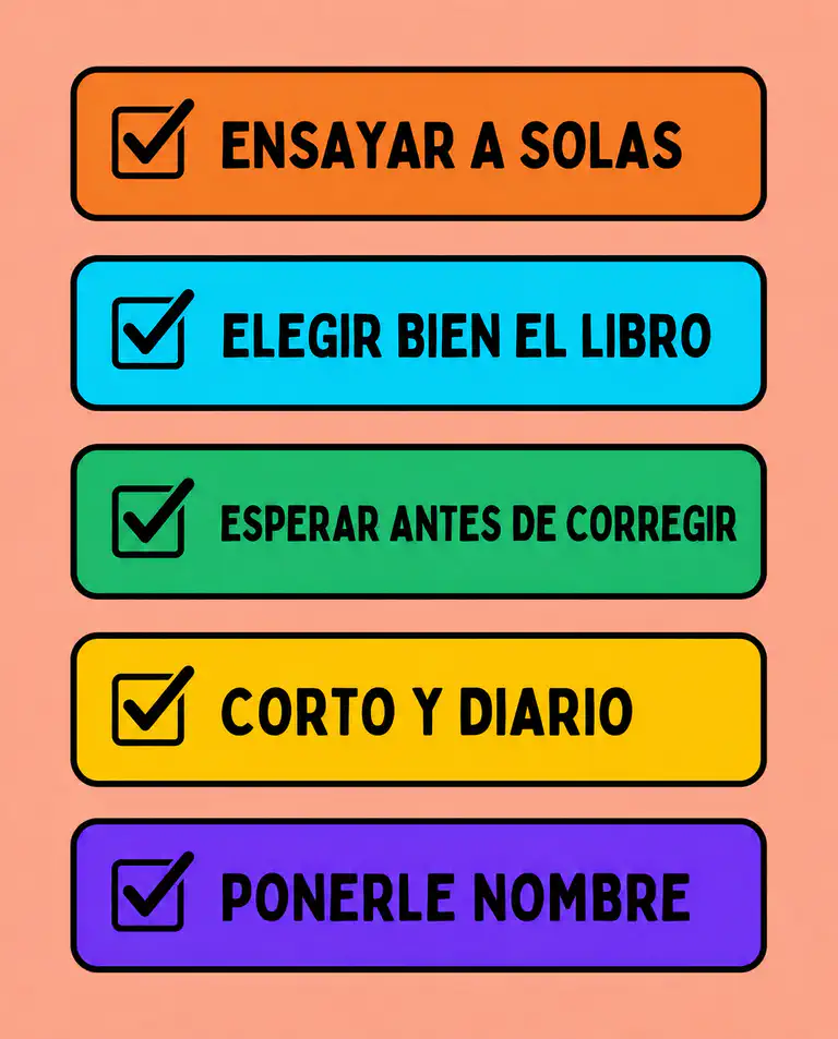 Lista de formas de reducir la ansiedad por la lectura: ensayar a solas, elegir bien el libro, esperar antes de corregir, sesiones cortas y diarias, y ponerle nombre a lo que siente