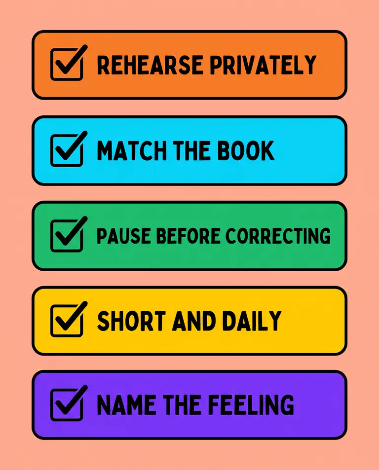 A checklist of ways to reduce reading anxiety: rehearse privately, match the book to the child, pause before correcting, keep sessions short and daily, and name the feeling