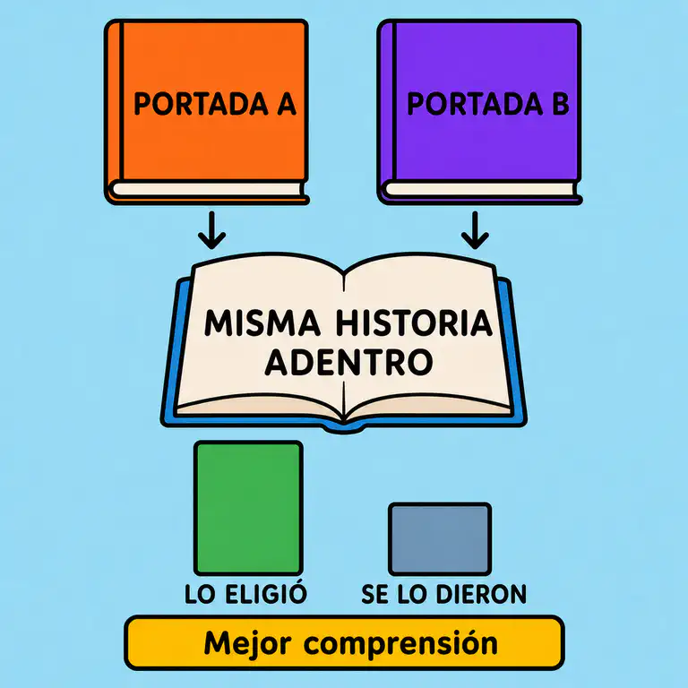 Infografía que muestra dos libros idénticos con portadas distintas y la diferencia de comprensión entre elegir y recibir
